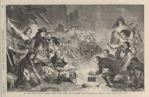 O grande incêndio em Chicago - cidadãos desabrigados refugiando-se das chamas entre as ruínas, ilustração de Frank Leslies Illustrated Newspaper, 1871